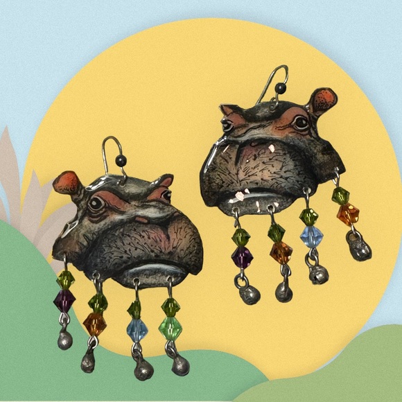 Vintage handpainted African River hippos earrings jewelry wildlife - Picture 1 of 5